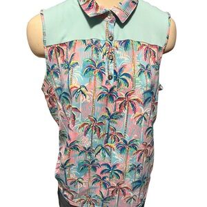 Stella Parker Golf Multicolor Palm Print Sleeveless Blouse